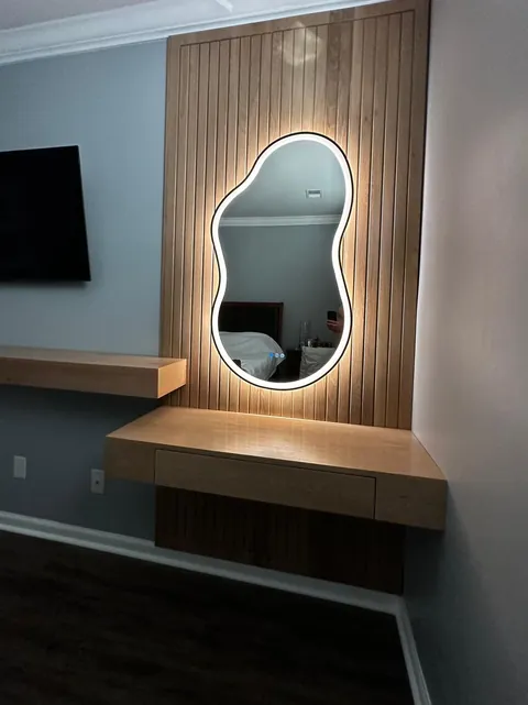 Oak slat wall & floating vanity, Jimmy project by Ocean Bay Interiors