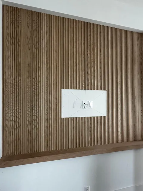 Oak slat wall & floating vanity, installation (Jimmy)