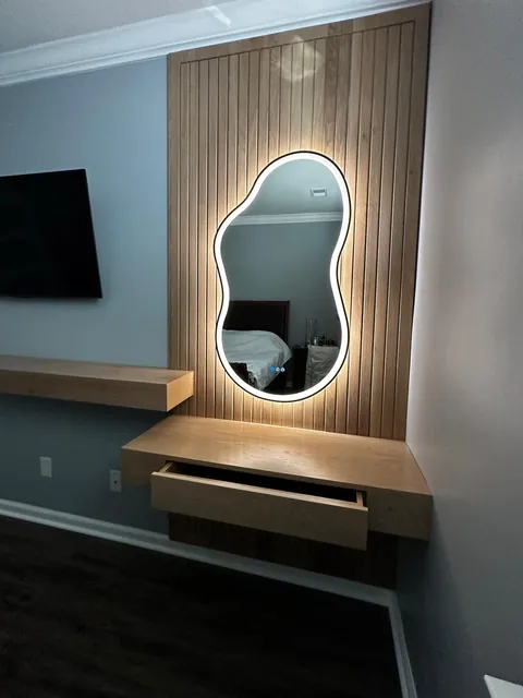 Oak slat wall & floating vanity, finished (Jimmy)