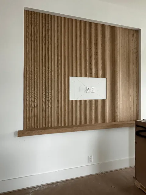 Oak slat wall & floating vanity, installation (Jimmy)