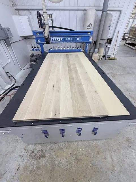 Oak slat wall & floating vanity, oak panel set on the CNC router (Jimmy)