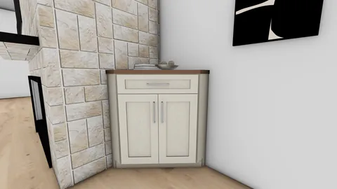 Corner cabinet & walnut floating shelves, 3d design (Kip Connelly)