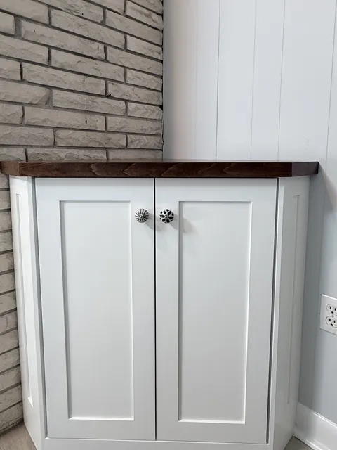 Corner cabinet & walnut floating shelves, finished (Kip Connelly)