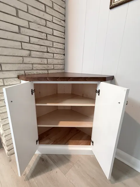 Corner cabinet & walnut floating shelves, finished (Kip Connelly)