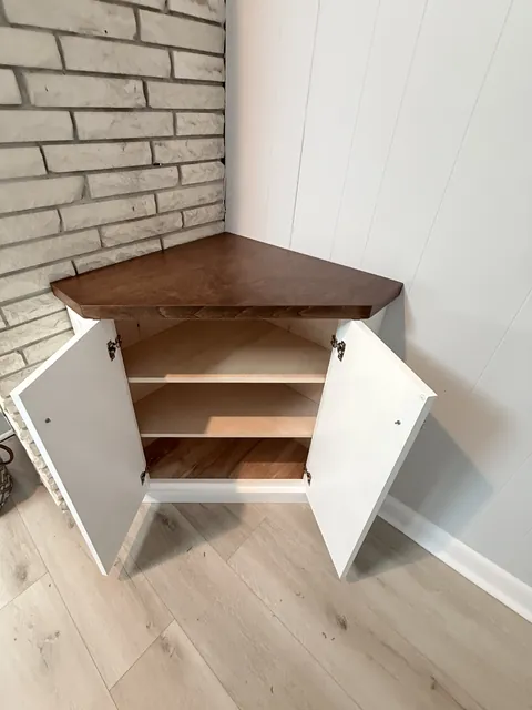 Corner cabinet & walnut floating shelves, finished (Kip Connelly)