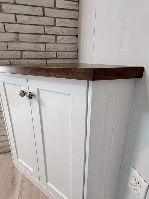 Corner cabinet & walnut floating shelves, finished (Kip Connelly)