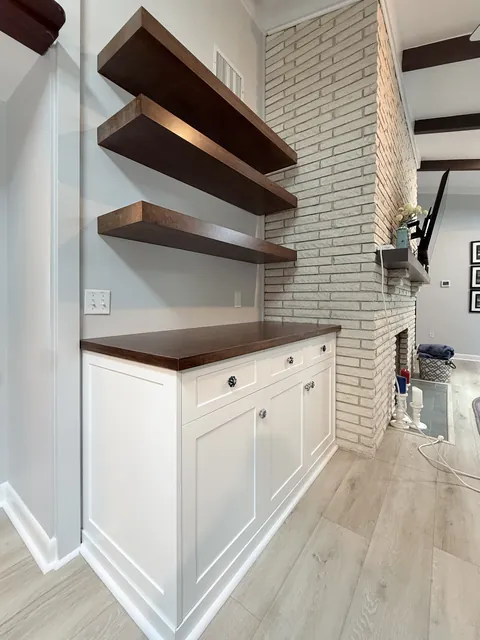 Corner cabinet & walnut floating shelves, finished (Kip Connelly)