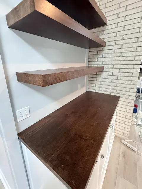 Corner cabinet & walnut floating shelves, finished (Kip Connelly)