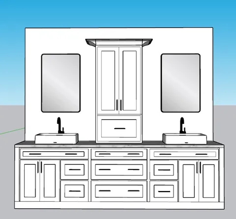 Double vanity with linen tower, Tony project by Ocean Bay Interiors